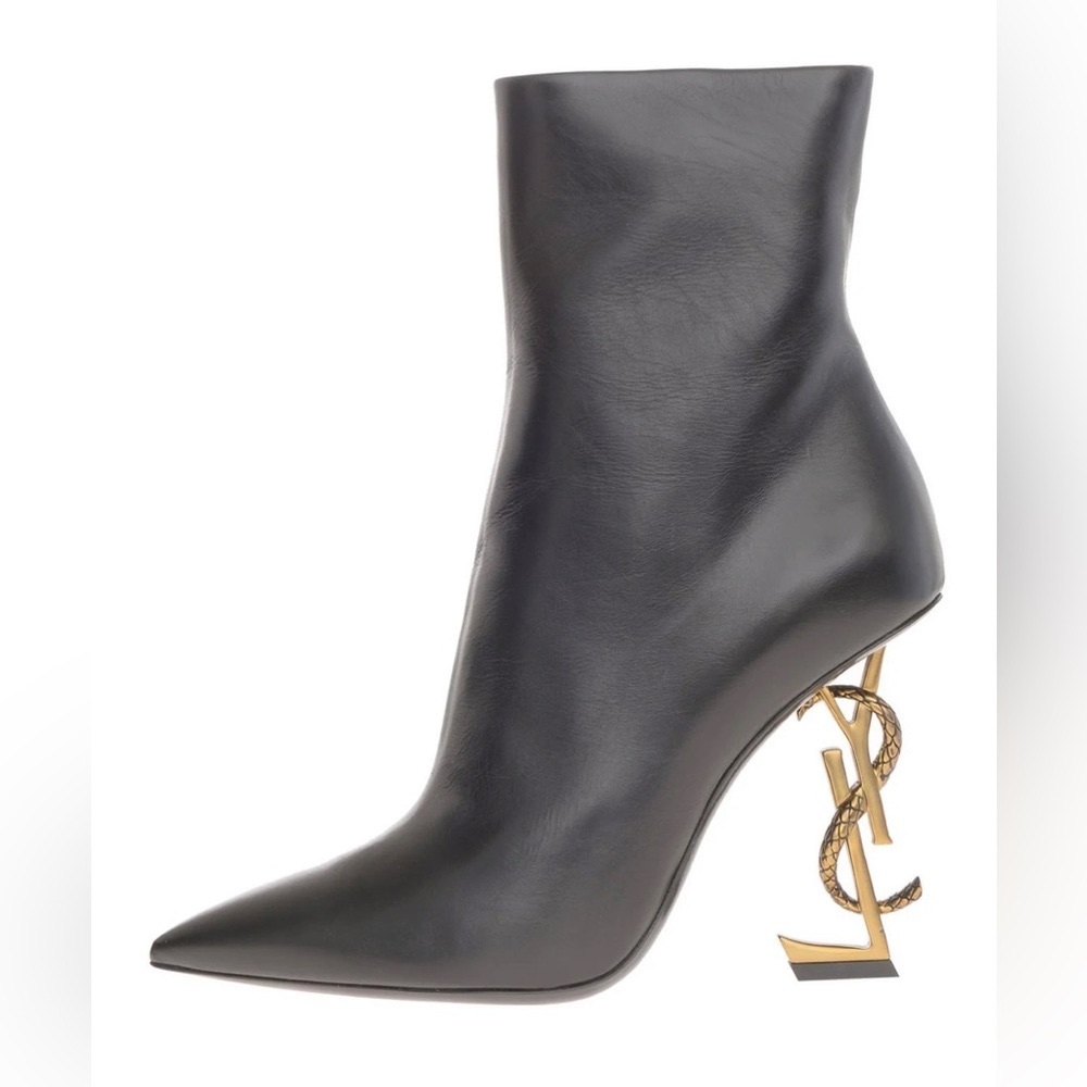 Yves Saint Laurent Black Leather Opyum Logo Heel Ankle Boots